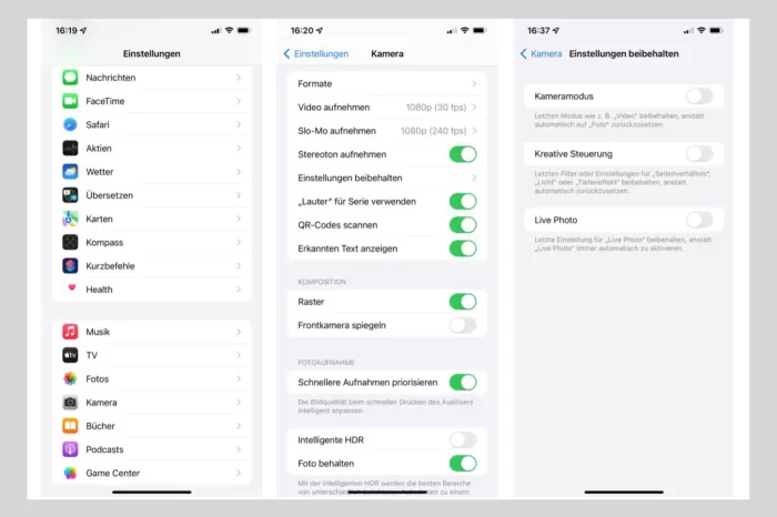 Die wichtigsten Einstellungen «Formate», «Einstellungen beibehalten», «Raster» und «Intelligente HDR» für das Fotografieren mit Deiner iPhone-Kamera.