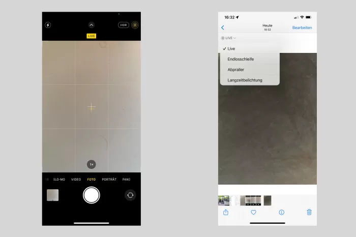 Bei Aufnahmen im Live-Modus hast Du oben links im Bild die Effekte «Endlosschleife», «Abpraller» oder, zum Beispiel für fliessende Gewässer, «Langzeitbelichtung» als Option.