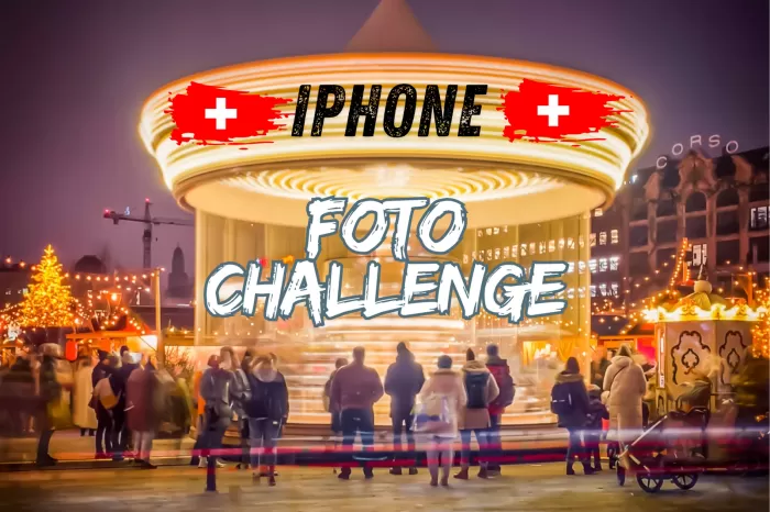 Nachtfoto eines drehenden Karussells auf einem Schweizer Weihnachtsmarkt mit runden Lichtringen und weich verwischten Menschen, erstellt auf dem iPhone mit dem Live-Modus als Langzeitbelichtung.