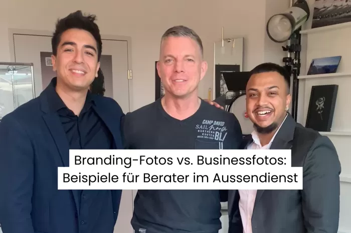 Alex Lörtscher in der Mitte zwischen zwei Beratern im Aussendienst, Personal Branding Foto für Versicherung und Vorsorge in der Schweiz.